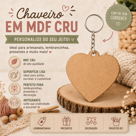 Kit Chaveiro MDF Cru 5 cm Coração com/sem Argola - Lembrancinha