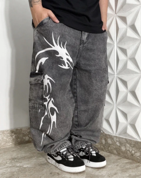 Calça jeans Baggy cargo dragão- Trip Side