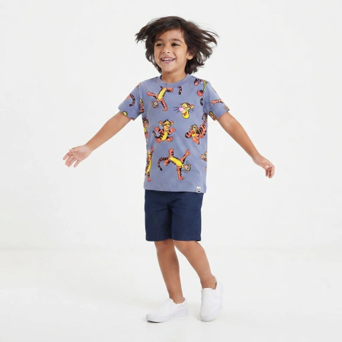 Camiseta Infantil Tigrão Azul Lavanda 100% Algodão Estampa Divertida Manga Curta