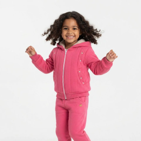 Conjunto Infantil Menina Moletom Rosa com Zíper, Capuz Peluciado e Calça | Conforto para o Inverno