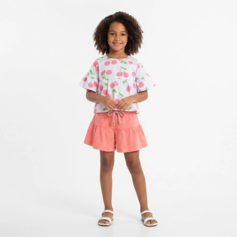 Conjunto Infantil Menina Fofura Floral Amarelo e Pink | Blusa e Short