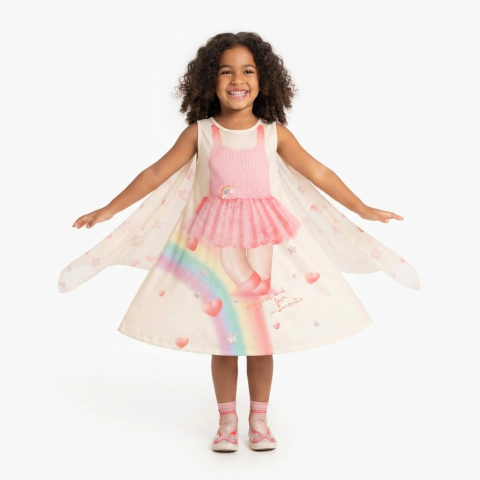 Vestido Infantil Menina Anjinha com Asas Off White Algodão Sem Mangas