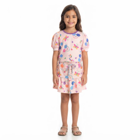 Conjunto Infantil Menina Fofura Arco-Íris Rosa | Blusa e Short