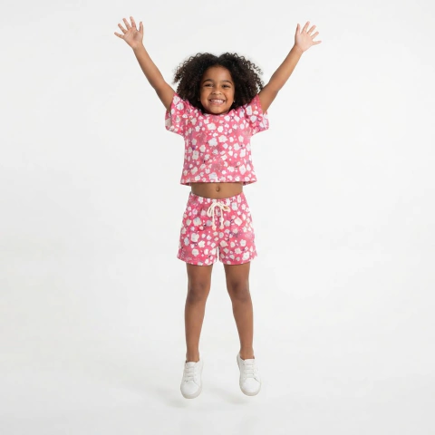 Conjunto Infantil Menina Floral Rosa Algodão Blusa Manga Babado e Short Estampado