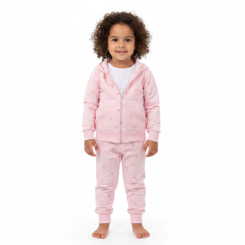 Conjunto Infantil Menina Jaqueta com Capuz e Calça Estampa de Lacinho 100% Algodão