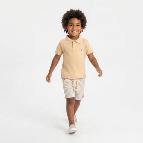 Conjunto Infantil Menino Polo Bege com Bermuda Listrada Manga Curta