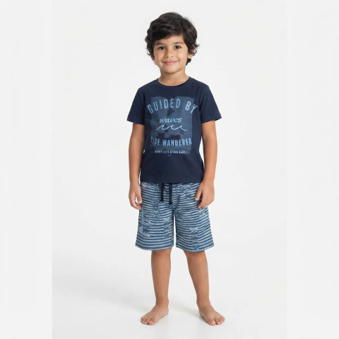 Conjunto Infantil Menino Estampa Waves com Bermuda 100% Algodão