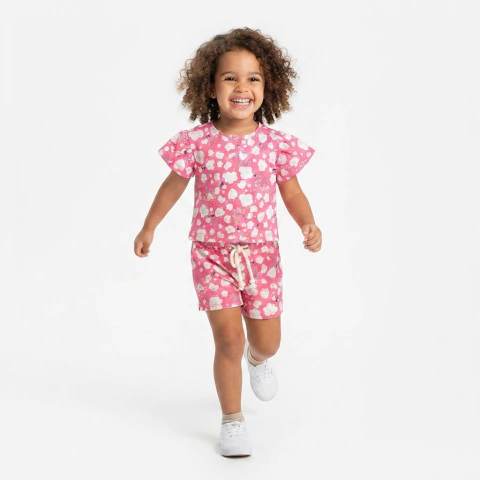 Conjunto Infantil Menina Floral Rosa Algodão Blusa Manga Babado e Short Estampado