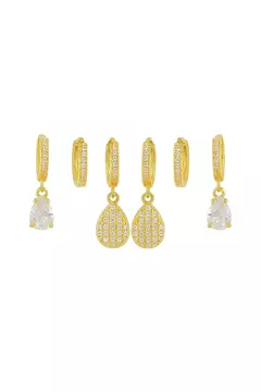 BRINCO TRIO SEMIJOIA GOTA COM PONTO DE LUZ E CRAVEJADO