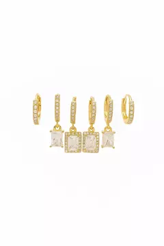 BRINCO TRIO SEMIJOIA PEDRA QUADRADA CRAVEJADO