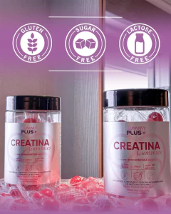 Dois potes de creatina monohidratada em formato gummy sabor frutas vermelhas, sem glúten, sem açúcar e sem lactose, com gummies vermelhos espalhados ao redor.