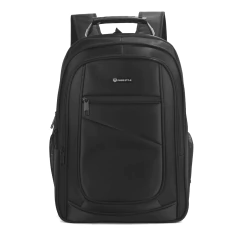 Mochila preta para laptop com design moderno e compartimentos frontais com zíper