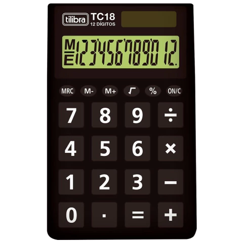 Calculadora de bolso preta Tilibra modelo TC18 com visor de 12 dígitos e botões grandes