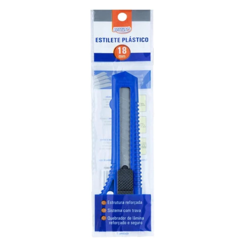 Estilete plástico azul de 18 mm embalado em plástico transparente com informações de sistema de trava e estrutura reforçada