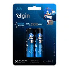 Pilha Elgin AA alcalina 1.5V com embalagem blister contendo 2 unidades, com personagem Sonic estampado