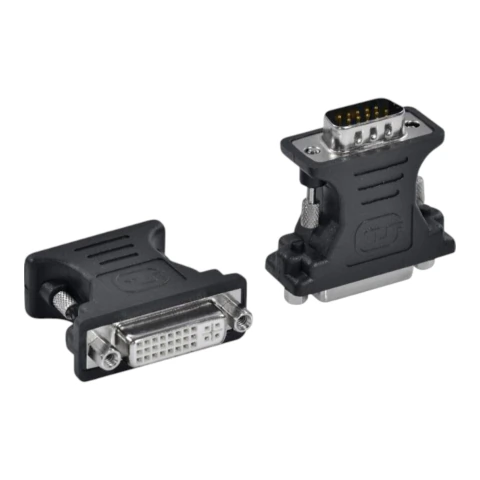 Adaptador Vinik com conector DVI fêmea e conector VGA macho, corpo preto com detalhes metálicos