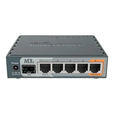 Roteador Mikrotik Hex S RB760IGS com cinco portas Ethernet e uma porta SFP, na cor cinza