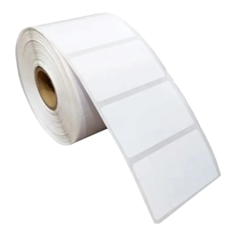 Rolo de etiquetas adesivas térmicas brancas medindo 60 x 30 mm