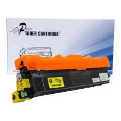Cartucho de toner amarelo Brother TN-219 Premium com tampa laranja e embalagem branca com detalhes azuis