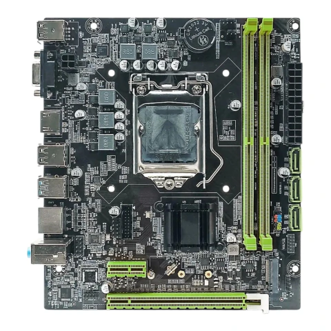 Placa-mãe Get 1151-G7 DDR4 H110S com slots para memória RAM e conectores SATA em preto com detalhes verdes