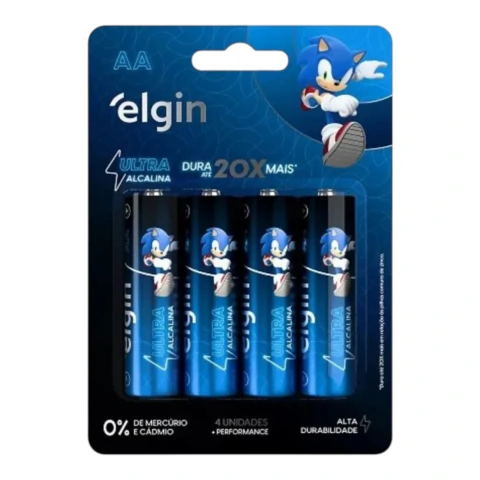 Pilha Elgin AA Alcalina 1.5V com embalagem blister contendo 4 unidades, estampa do personagem Sonic na embalagem e nas pilhas