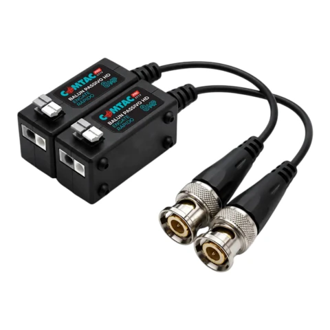 Balun de vídeo passivo HD Comtac com engate rápido, capacidade até 8MP, com conectores BNC e cabo preto