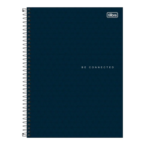 Caderno universitário Tilibra com capa azul escura, espiral preta e frase "Be Connected" na capa