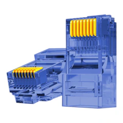 Conector RJ45 macho azul transparente com contatos dourados para cabo de rede Cat 5E