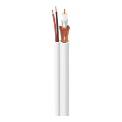 Cabo coaxial branco com dois fios para instalação de CFTV, mostrando o interior com fios de cobre