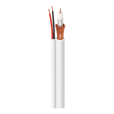 Cabo coaxial branco com dois fios para instalação de CFTV, mostrando o interior com fios de cobre