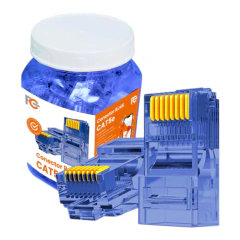 Conectores RJ45 macho transparentes com contatos dourados para cabos de rede categoria 5E em embalagem de pote plástico