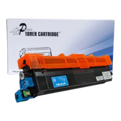 Cartucho de toner Brother TN-210 ciano com proteção laranja e embalagem branca ao fundo