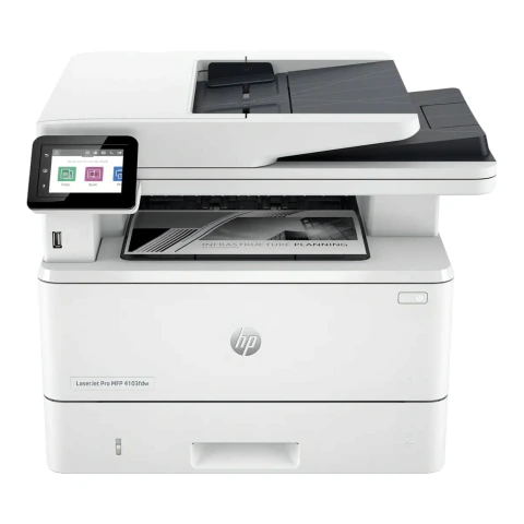 Impressora multifuncional HP LaserJet Pro 4103fdw branca com visor digital colorido e bandeja de papel