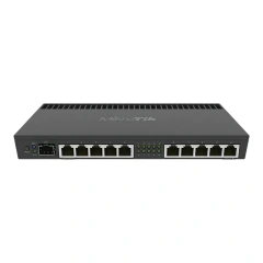 Roteador Mikrotik RB4011iGS+RM preto com múltiplas portas Ethernet e indicadores LED na frente