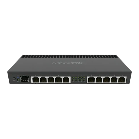Roteador Mikrotik RB4011iGS+RM preto com múltiplas portas Ethernet e indicadores LED na frente
