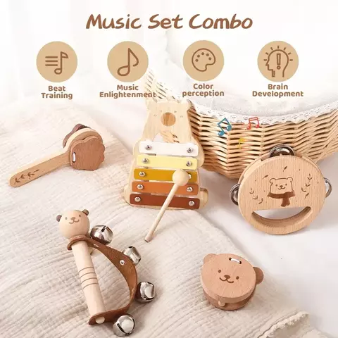 Crianças de madeira montessori brinquedos instrumentos musicais chocalho sino t