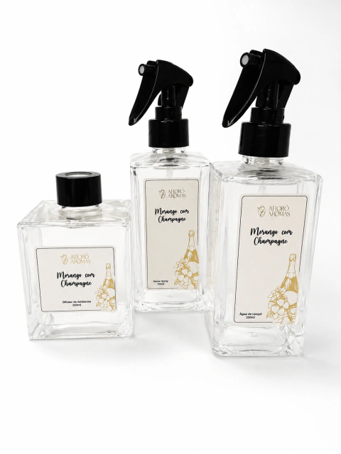 Kit Morango com Champagne Completo, Difusor, Home Spray e Água de Lençol