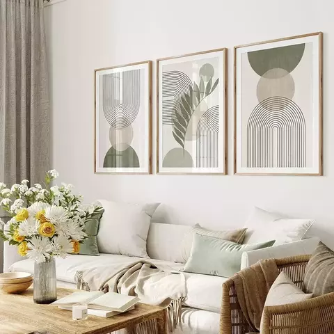 Quadro Decorativo Boho Abstrato – Estilo Nórdico com Folhagem Verde