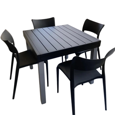 Mesa de aluminio Boheme 90x90 Ext. 1.80 + 4 sillas de diseño