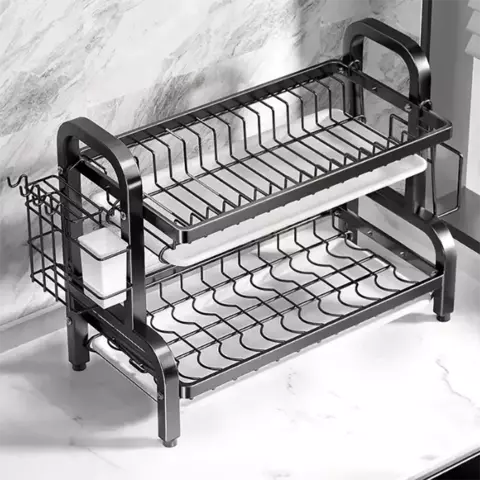 Rack de secagem de prato de aço inoxidável de 2 camadas com suporte de utensí