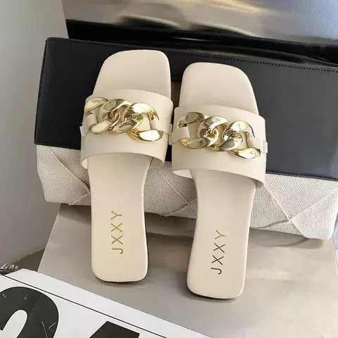 Chinelos Femininos 2025 | Moda com Dedo Quadrado, Corrente Elegante & Conforto Casual - comprar online
