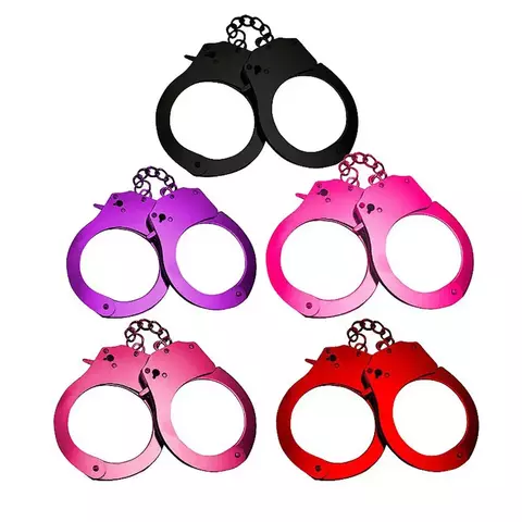 Algemas de metal coloridas em preto, roxo, rosa e vermelho com corrente curta, design robusto para acessórios e fetiches