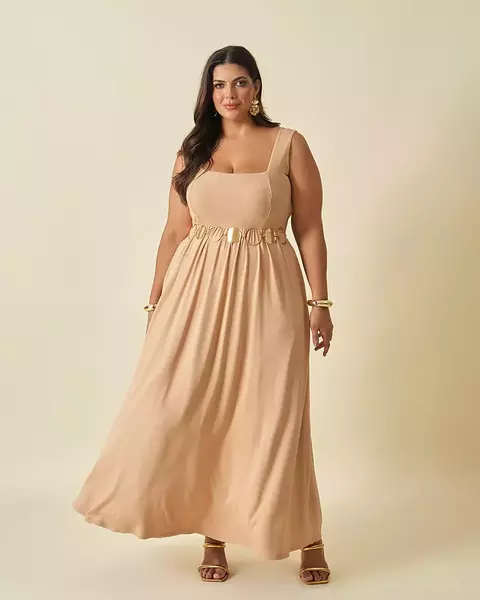 Vestido Longo Plus Size Bege Ella Plus com Decote Quadrado - comprar online