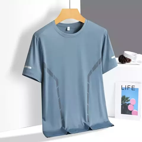 Camiseta de corrida masculina verão gelo seda fina superior impressão reflexiv