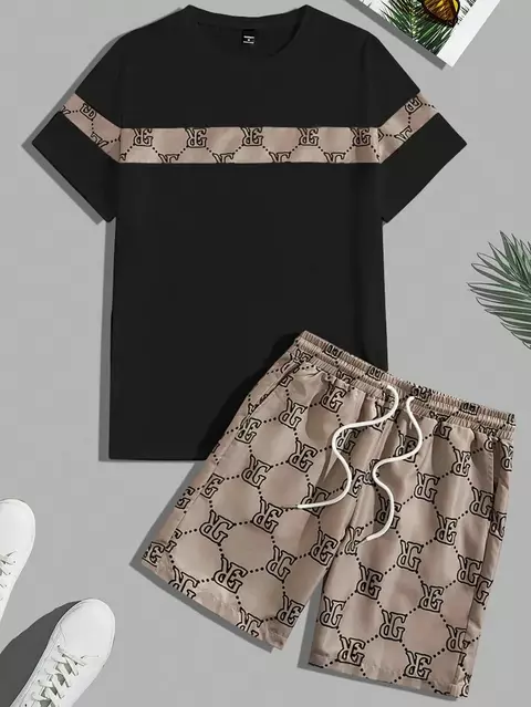 Terno masculino retrô estampado com gola redonda, conjunto de duas peças de ca