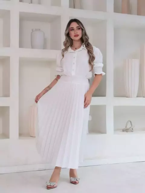 Vitoria Vestido Midi Feminino com botão Manga Curto Cintura Alta Plissada