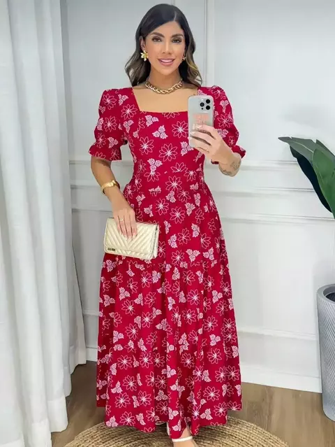 Vestido longo tricoline estampado algodao manga curto