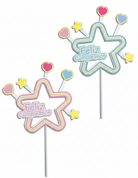Adorno para Torta “Feliz Cumpleaños” Estrella Calada con Mini Corazones y Estrellas (Celeste/Rosa) - comprar online