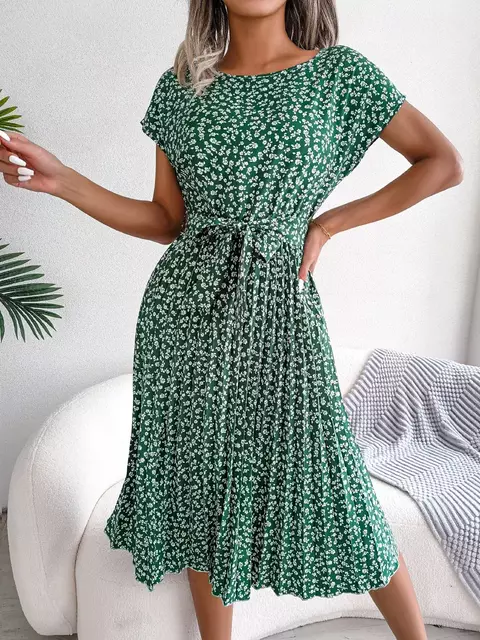 Vestido Longo, coleção Primavera Verão, manga curta, cintura alta, vestido chique moda Floral, plissado a linha, várias cores e tamanhos.