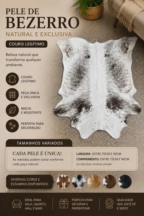 Pele de Bezerro Natural para Decoração | Couro Legítimo | Diversas Cores e Tamanhos